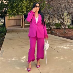 WAYF magenta suit with feather trim